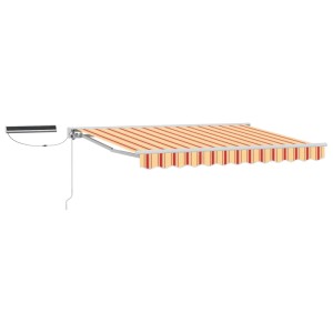 Elektrische Markise 2,5x2m mit gelb-orange-weiß gestreiftem Stoff und weißem Rahmen. Ideal für Terrasse & Garten.
