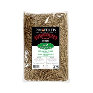 PINI Grillpellets 1,5 kg aus 100% Eichenholz, 6mm, in transparenter Tüte. Ideal für Grill, Smoker, Pizzaofen.