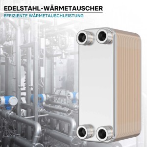Edelstahl Plattenwärmetauscher mit 4 Anschlüssen, 230 kW, vor industrieller Kulisse. Effiziente Wärmequelle.