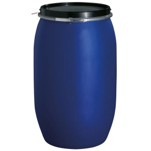 Blaues 120 L Kunststoff-Weithalsfass, lebensmittelecht mit UN-Zulassung, Deckel und Spannring.