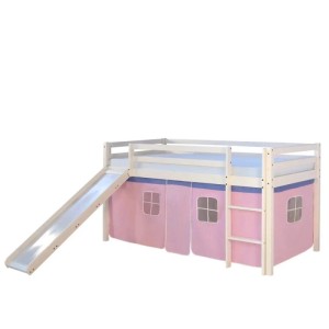 Weißes Kinderhochbett 90x200 mit rosa Vorhang, Rutsche und Leiter. Ideal für Abenteuerbetten im Kinderzimmer.