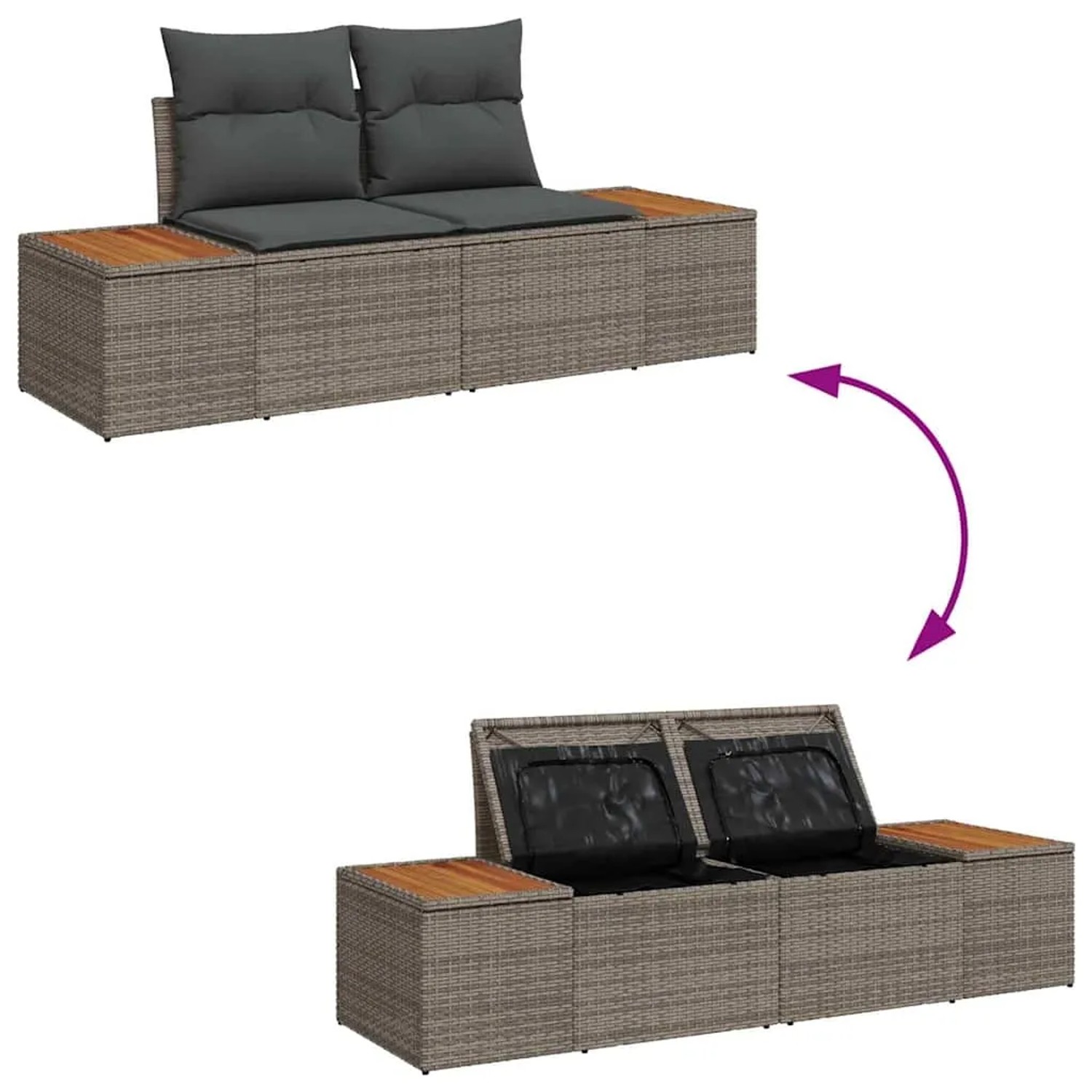 Graues 5-tlg. vidaXL Garten-Sofa-Set aus Poly Rattan mit Kissen und Stauraum.
