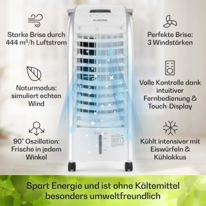 Weißer Klarstein Maxfresh 4-in-1 Luftkühler mit 6L Wassertank und Timer-Funktion.