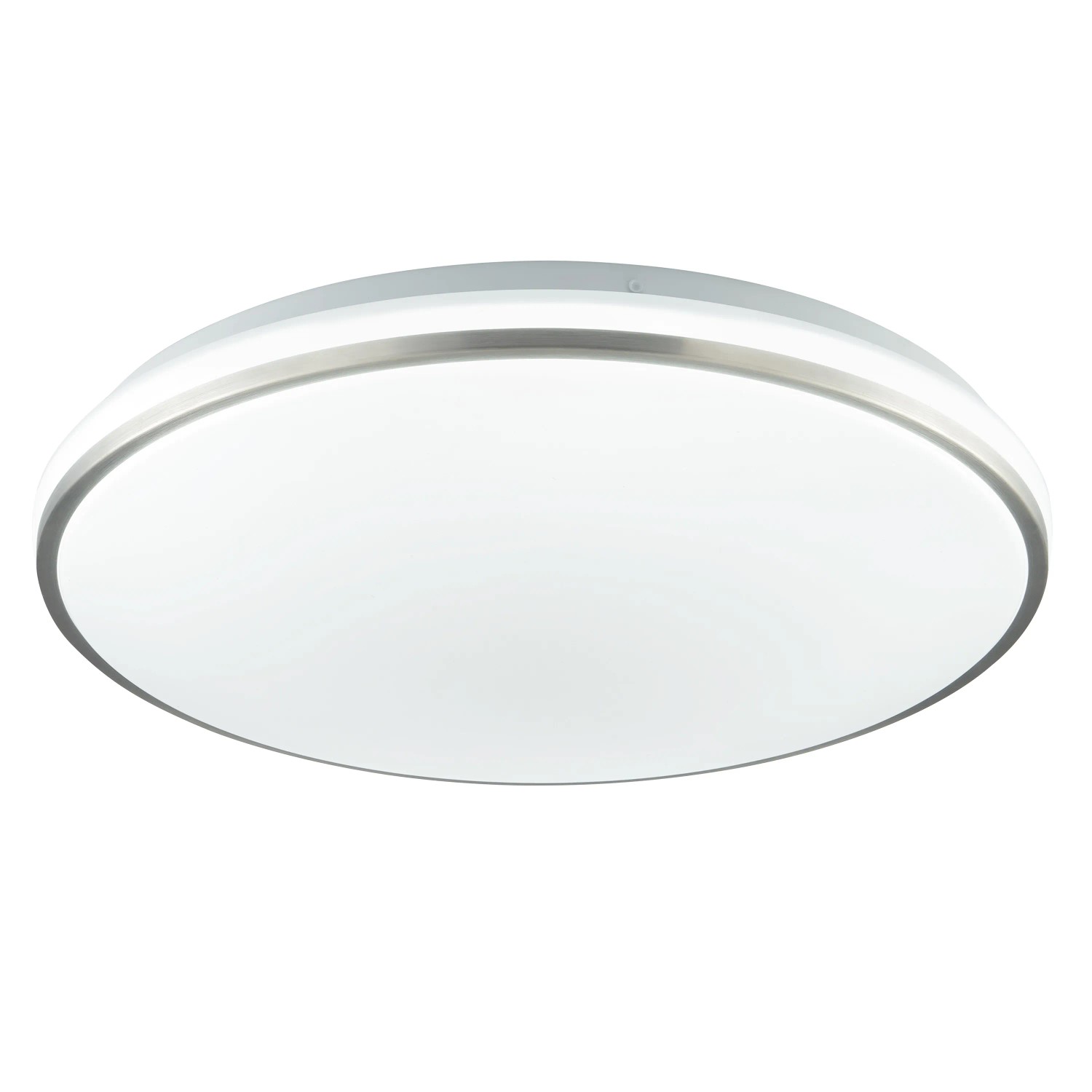 Weiße LED Deckenleuchte Avalis mit gebürstetem Aluminiumrahmen, Durchmesser 38 cm.