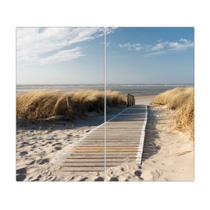 2-teilige Glas Herdabdeckplatte mit Dünen Motiv, auch als Schneidebrett nutzbar.