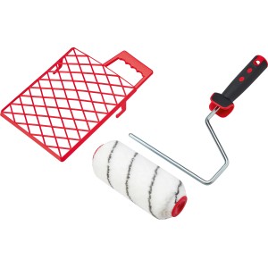 5-teiliges Farbroller Set in Rot mit Farbwanne, Walze und Bügel für grobe Untergründe.