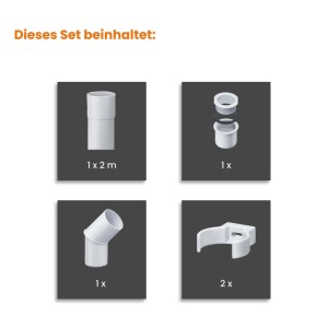 Inefa Fallrohr Set DN 50: 2m Fallrohr, Ablaufstutzen, Bogen und 2 Schellen aus PVC. Für Dachentwässerung.