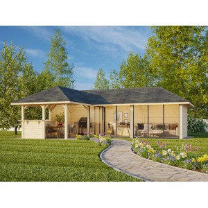 Palmako Pavillon Bianca Set 220, lackiert weiß, mit Schiebetüren und Tresenanlage. Ideal als Weekendhaus.