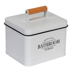 Weiße Wenko Badbox Pali mit Bambusgriff und Deckel für Badutensilien.