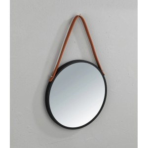 Wandspiegel Borrone von Wenko, Ø 30 cm, schwarz-braun mit Kunstleder-Aufhängung.