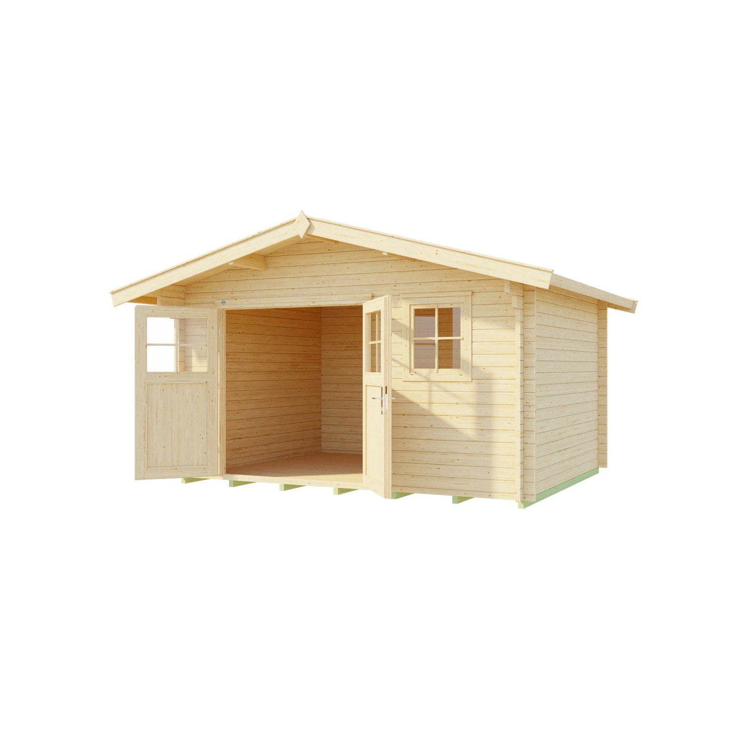 Unbehandeltes Weka Holz-Gartenhaus Verona mit Satteldach, 380x370 cm. Offene Doppeltür und Fenster sichtbar.