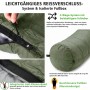Grüner Sekey Mumienschlafsack: Detailansicht Reißverschluss, Anti-Klemm-Band und Fußbox für Camping.