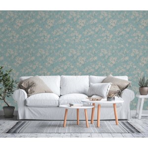 Moderne Vliestapete mit Kirschblütenmuster in Blau und Grau für Wohnzimmer und Küche.