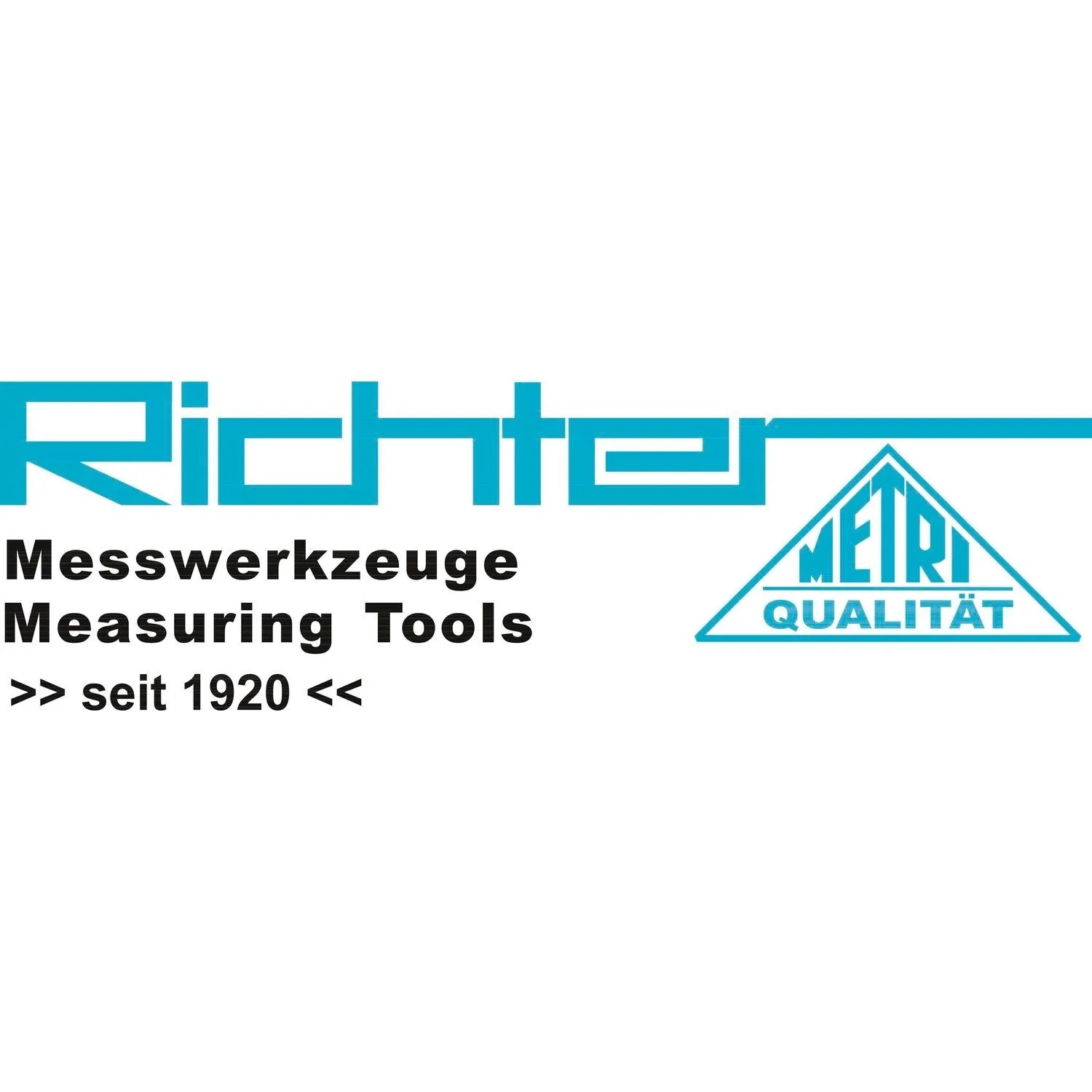 Richter Logo für Messwerkzeuge: Stahlmaßband 30m. Schriftzug Messwerkzeuge Measuring Tools seit 1920, Metri Qualität.