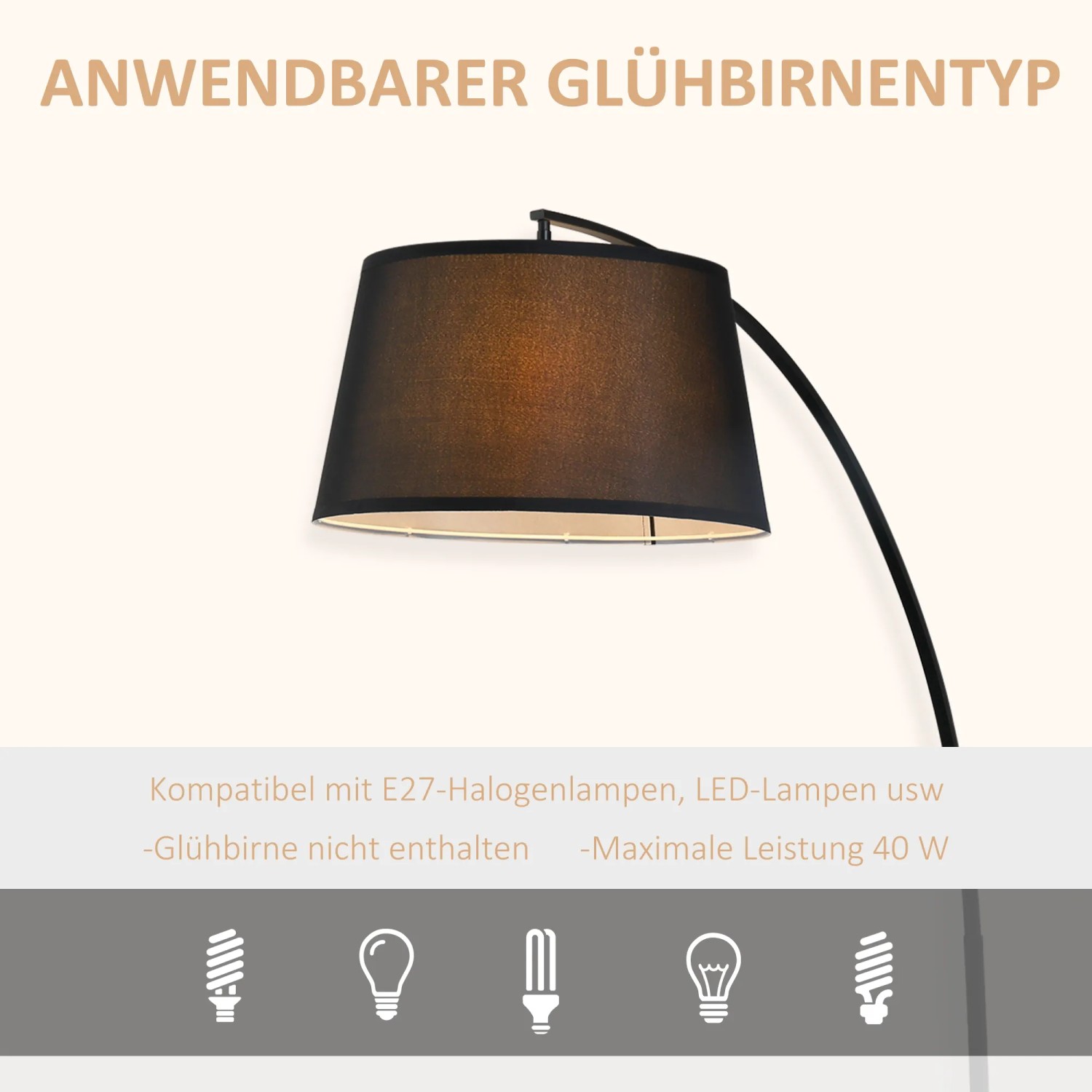 HOMCOM Stehlampe mit schwarzem Stoffschirm und Metallgestell.