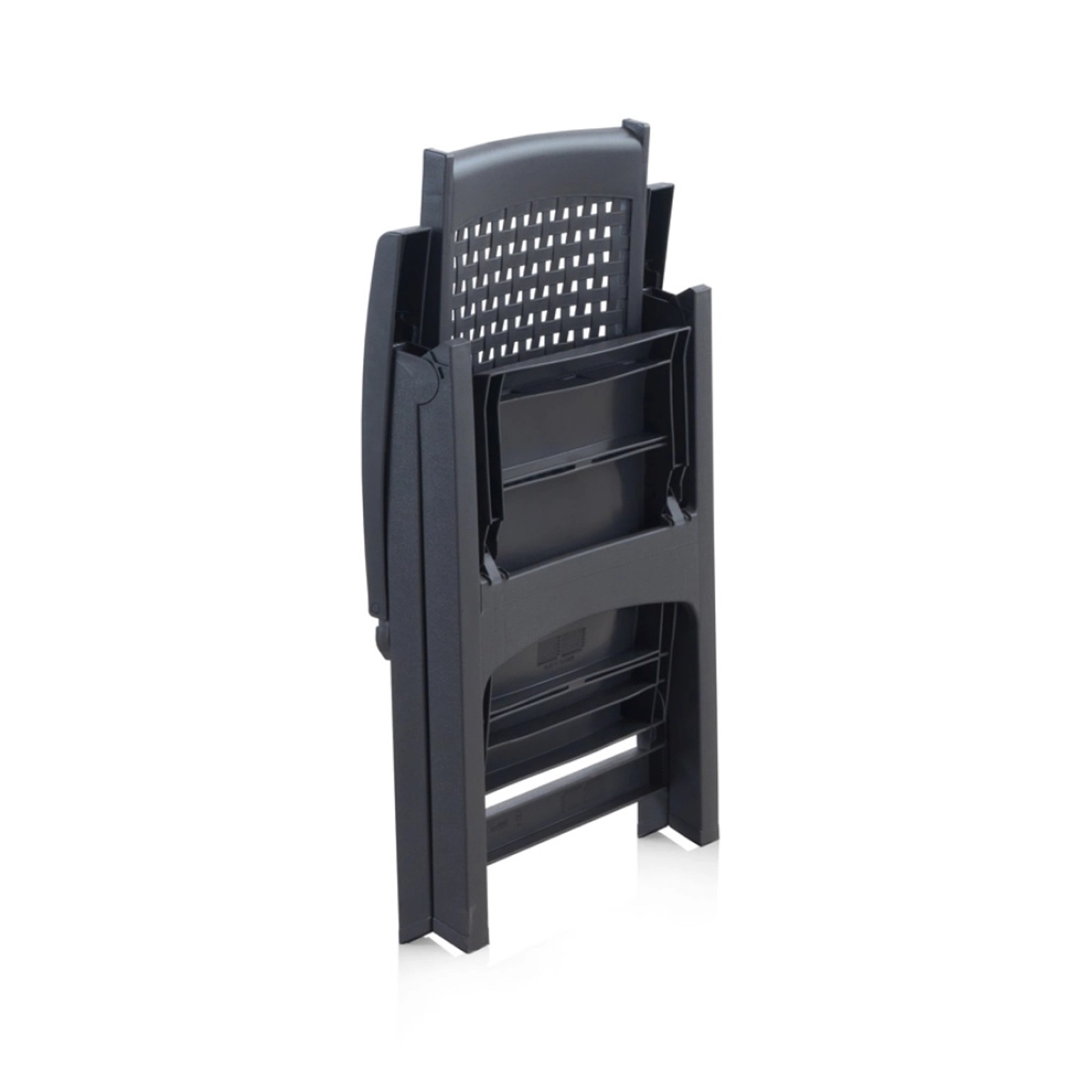 Zusammengeklappter, anthrazitfarbener Gartenstuhl der Shaf Milano Outdoor-Essgruppe.