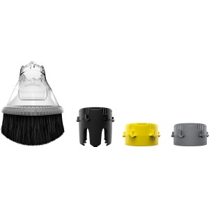 Kärcher Spritzschutz für Hochdruckreiniger mit Bürste und Adaptern in Schwarz, Gelb und Grau.