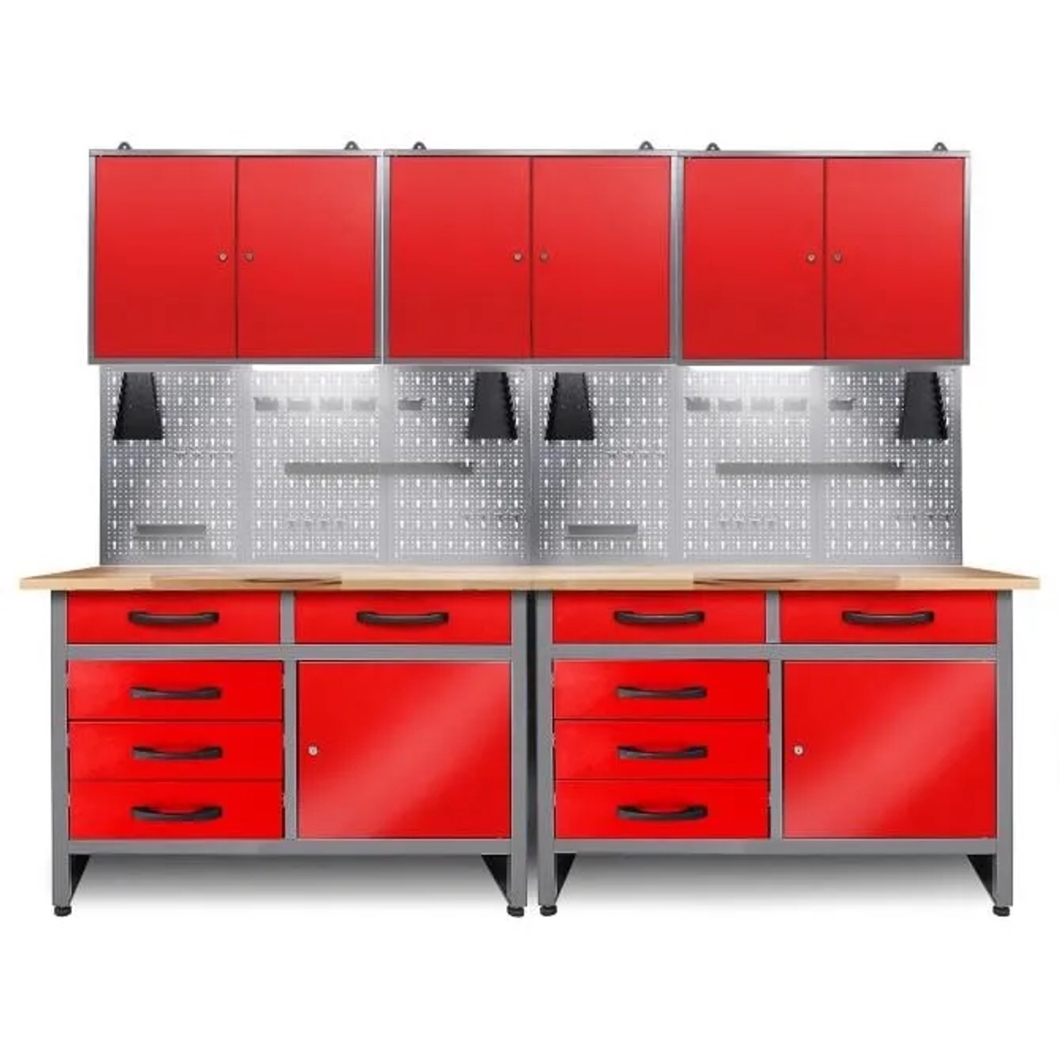 Ondis24 Werkstatt Set Holger 240 cm 3Schränke LED Rot