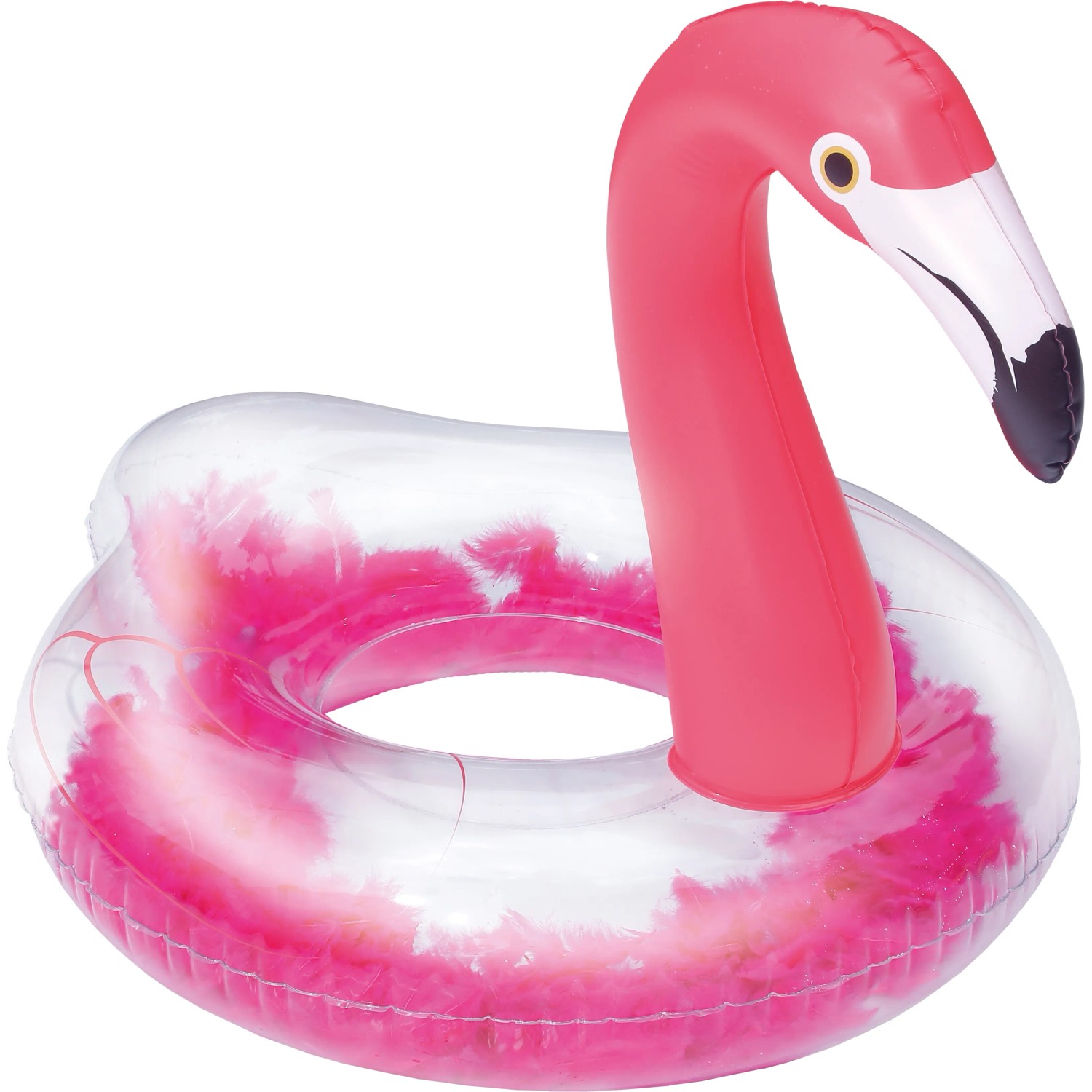 Aufblasbarer Schwimmring im Flamingo-Design (107x80cm) mit Federn im transparenten Ring.
