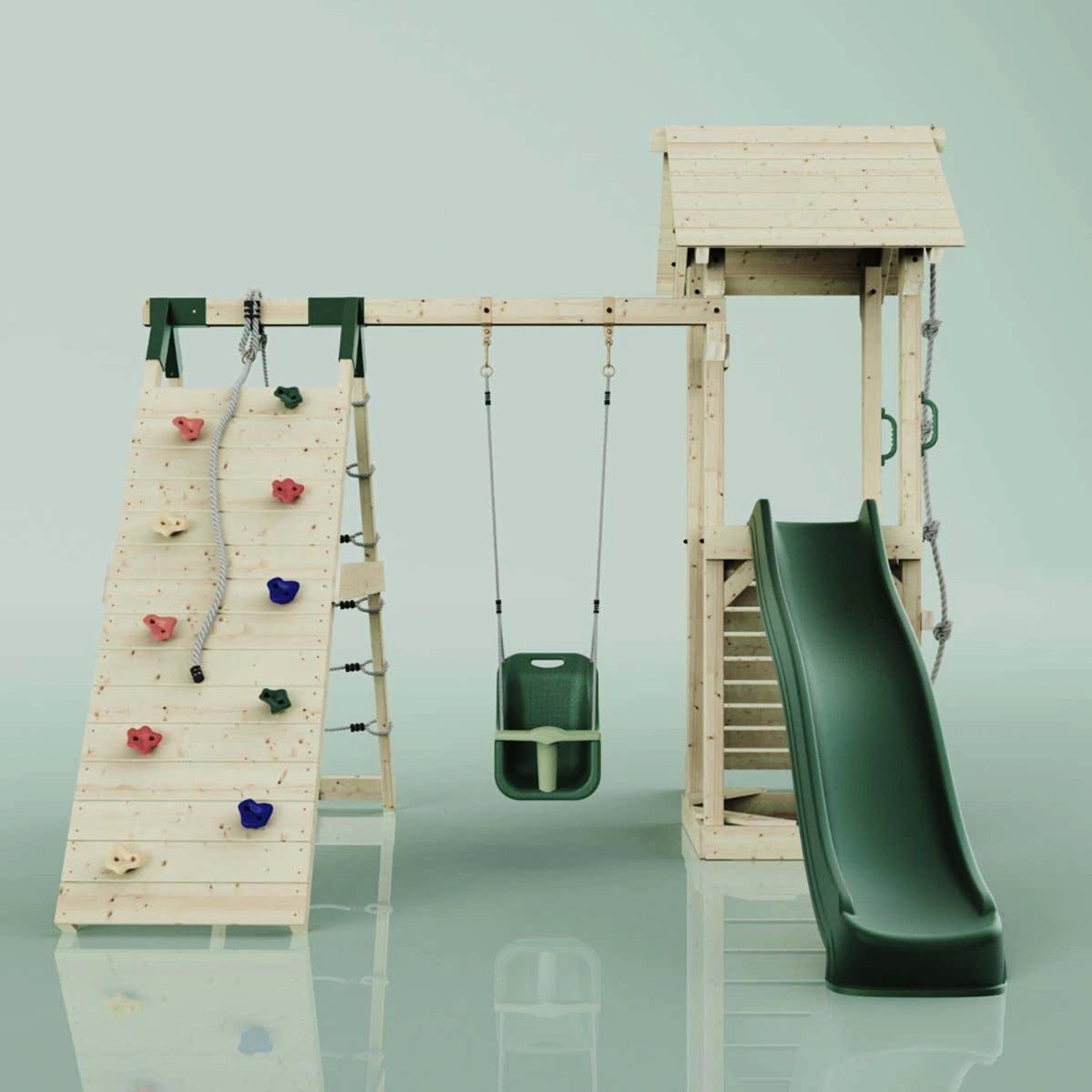 PolarPlay Spielturm Trondheim mit Babyschaukel, Kletterwand und Rutsche in Grün.