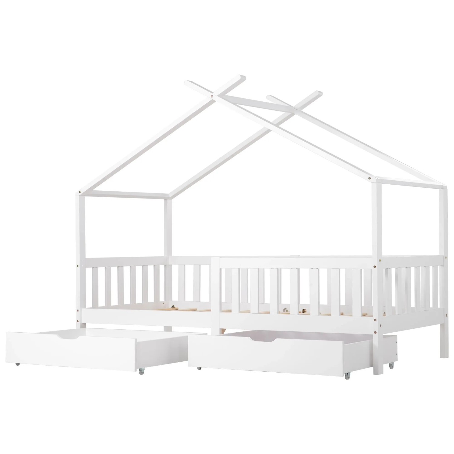 KOMHTOM Hausbett Kinderbett 90x200Cm Mit 2 Schubladen Massivholz Mit Zaun Und Lattenrost Kinder- Und Jugendzimmer Mit Absturzsicherung Weiß
