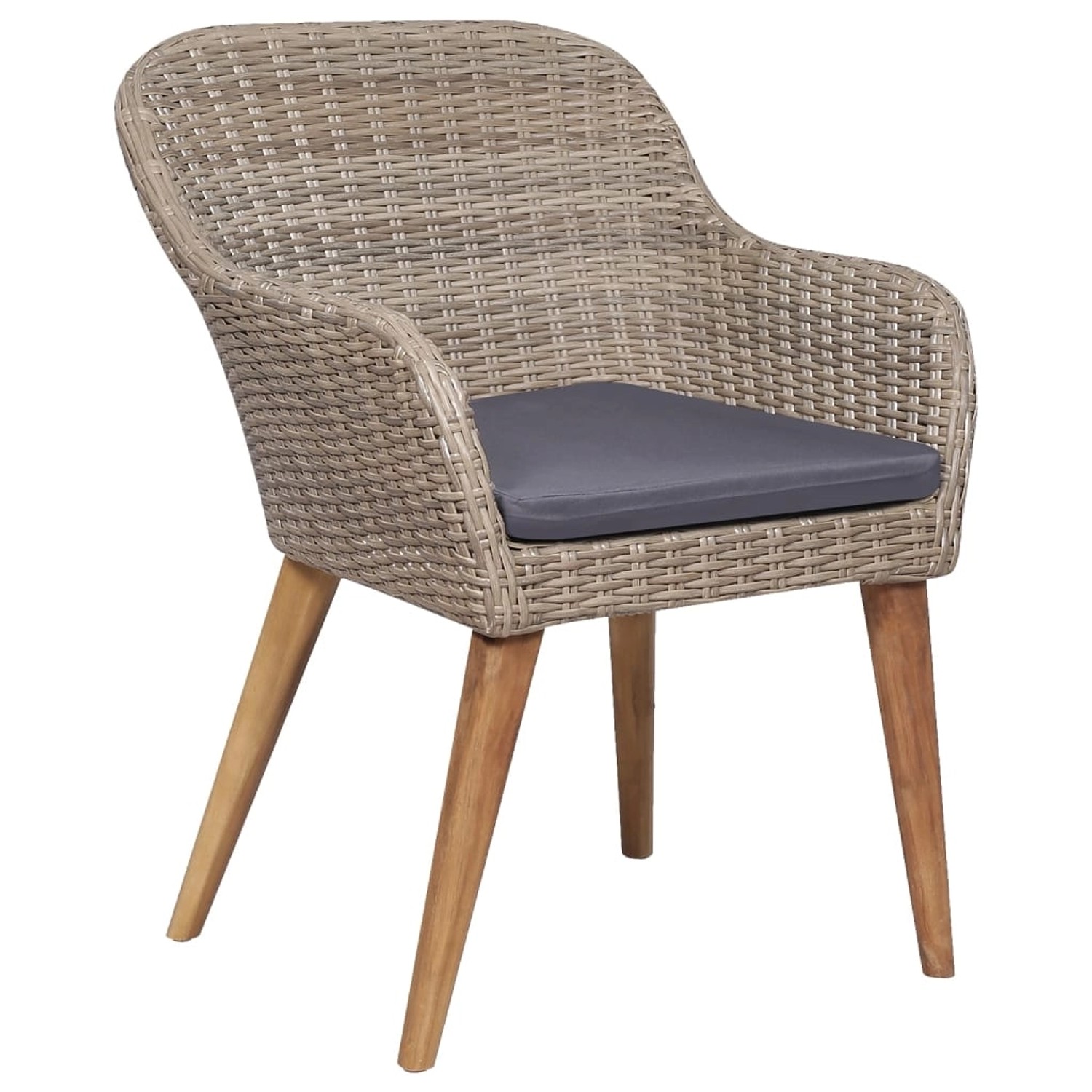 Gartenstuhl der vidaXL 5-Tlg Essgruppe, braunes Rattan, Holzbeine, graues Kissen.