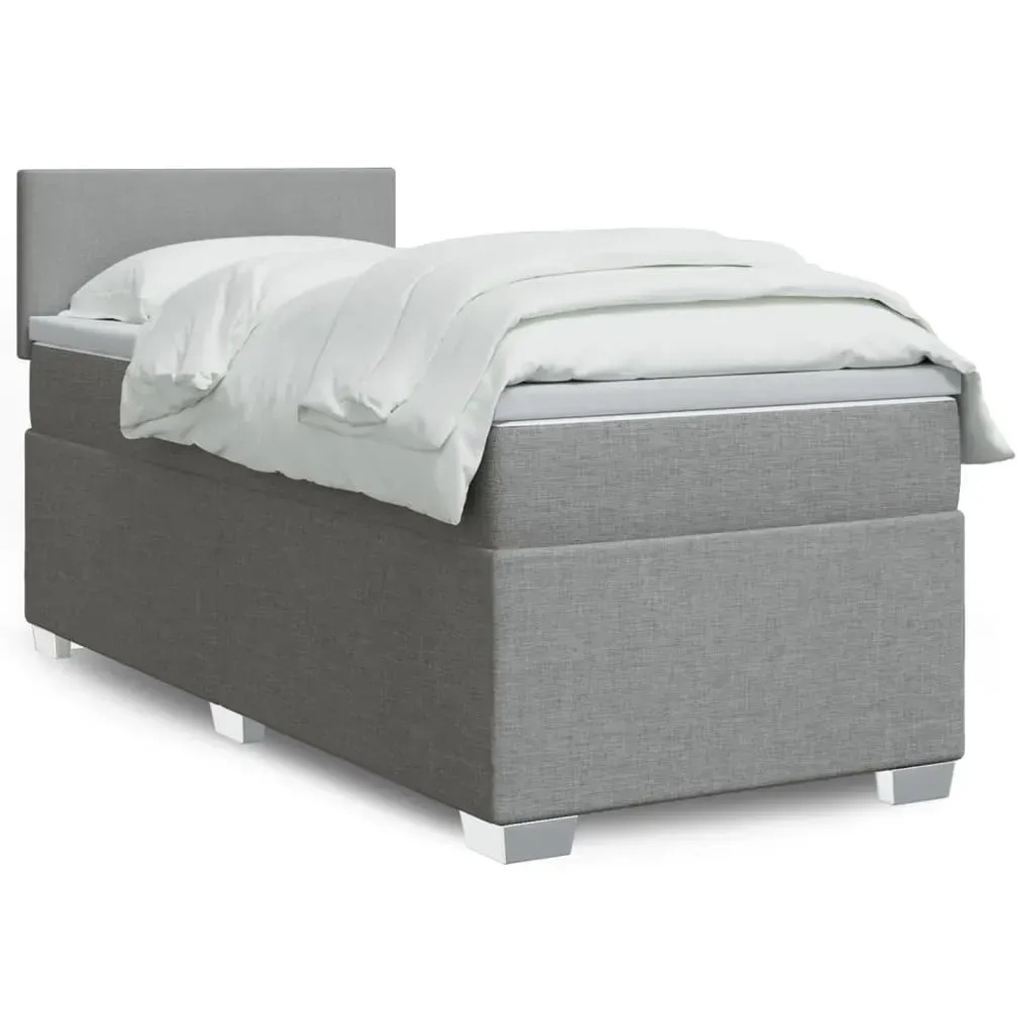 Hellgraues vidaXL Boxspringbett 90x190 cm mit Matratze und weißer Bettwäsche.