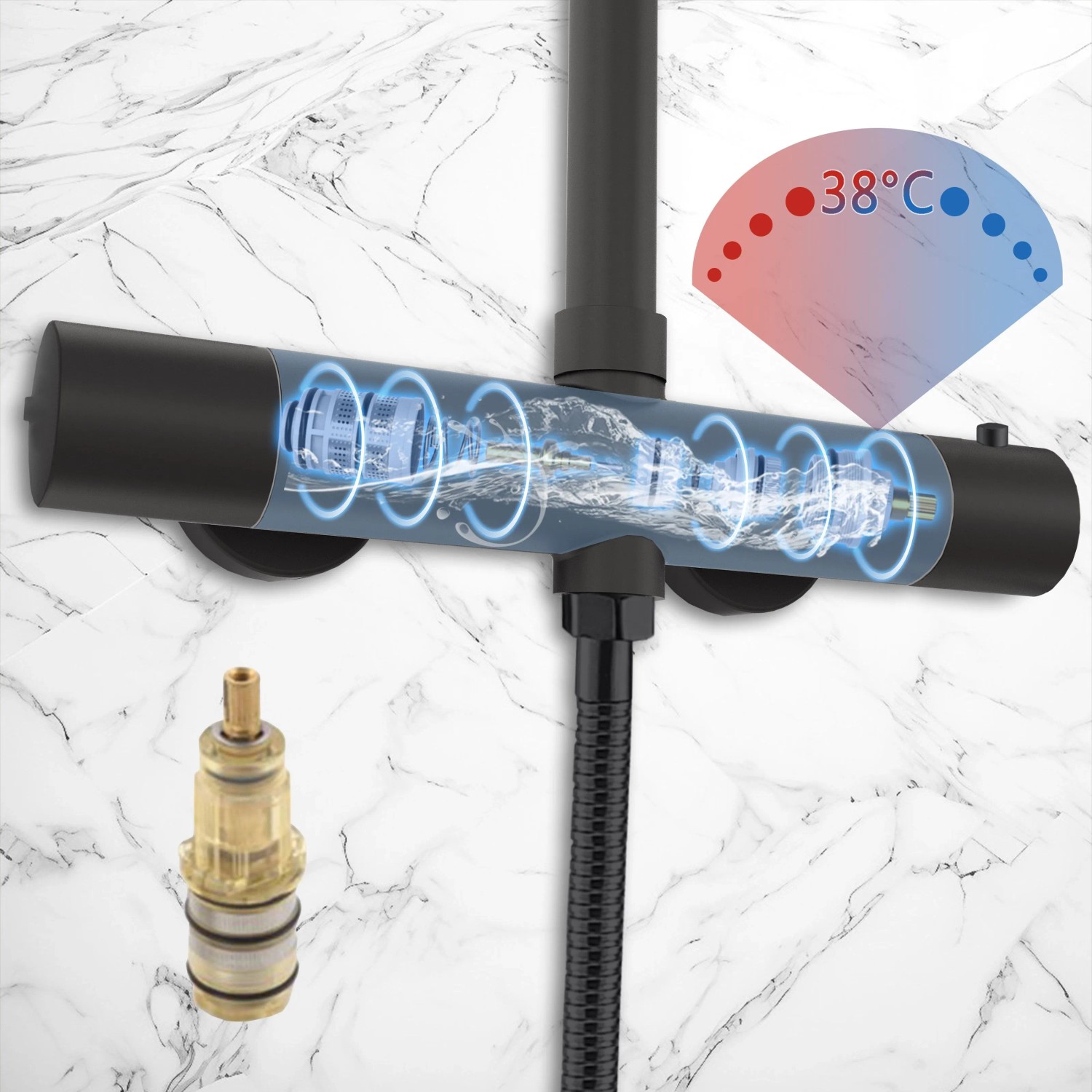 Schwarze AICA Thermostat Duscharmatur mit Regendusche und Handbrause.