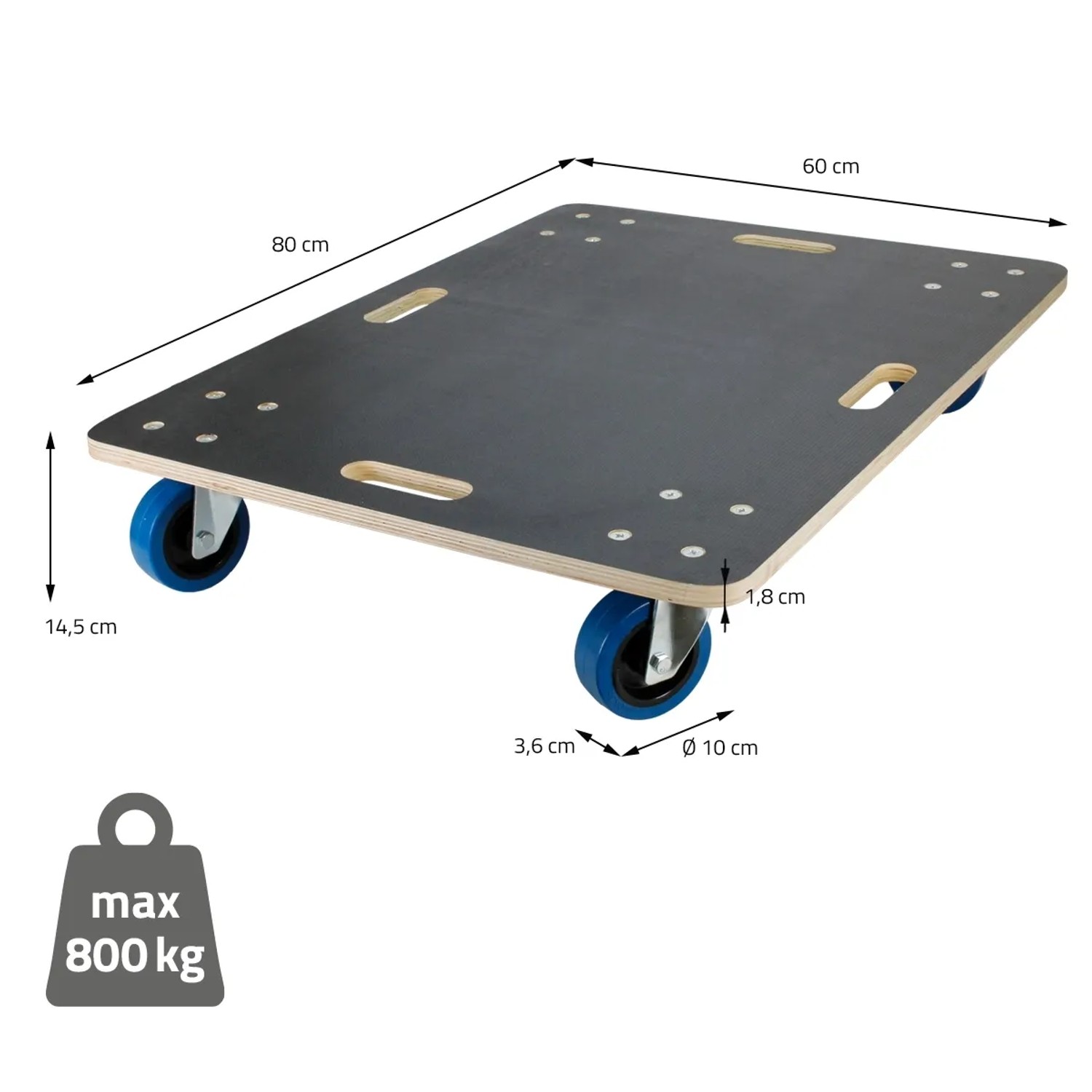 ECD Germany Transportroller 60x80 cm mit PP-Rädern und Siebdruckplatte, Traglast 800 kg.
