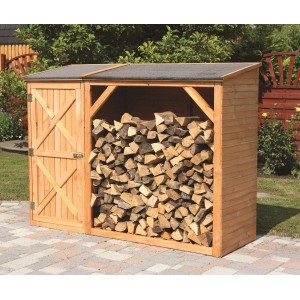 Kaminholzkombination Pforzheim mit Schrank aus Kiefernholz und Dachpappe, gefüllt mit Holz.