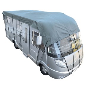 Cartrend Dachschutzplane (6x3m) auf Wohnmobil, graue Schutzhülle mit Spanngurten.