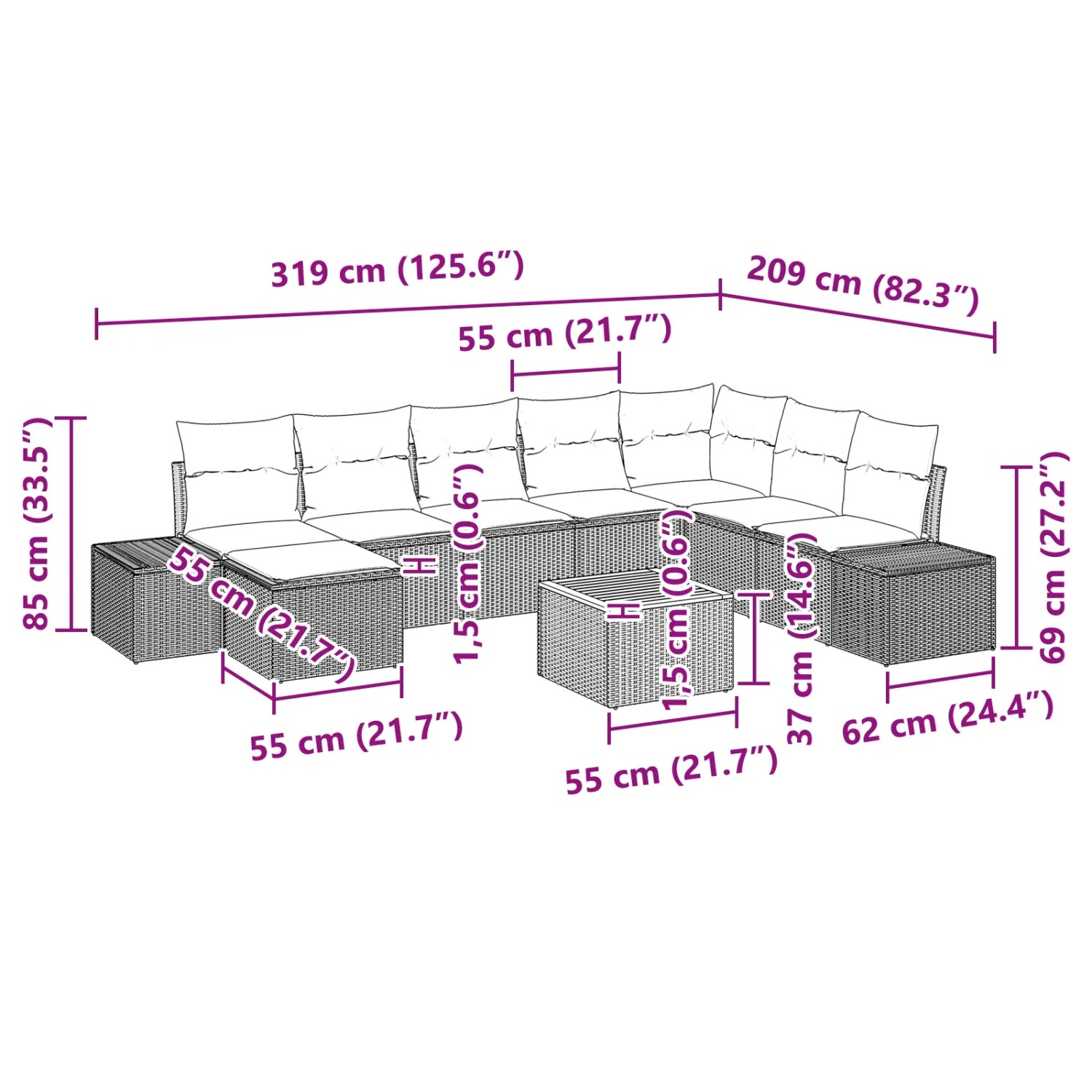 vidaXL 9-teiliges Garten-Sofa-Set, schwarz, mit Maßen und Details zur Konfiguration.