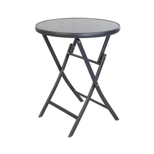 Runder, klappbarer Bistrotisch mit Glasplatte und anthrazitfarbenem Metallgestell. Gartentisch für Balkon und Camping.