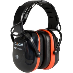 OX-ON Gehörschützer BT1 Comfort Bluetooth, schwarz mit orangefarbenen Akzenten.