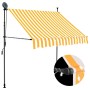 Einziehbare Markise weiß-orange gestreift mit Handkurbel, LED-Beleuchtung und Solarpanel.