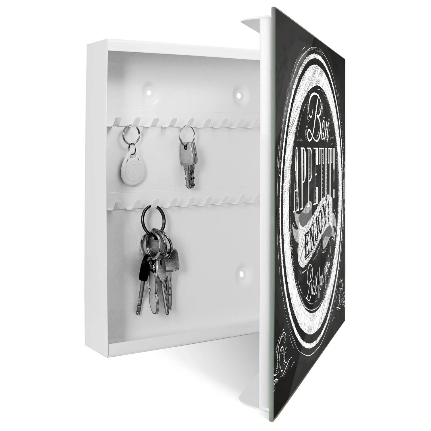 Weißer Schlüsselkasten mit Glasfront, Motiv Bon Appetit, 50 Haken, magnetisch und beschreibbar.