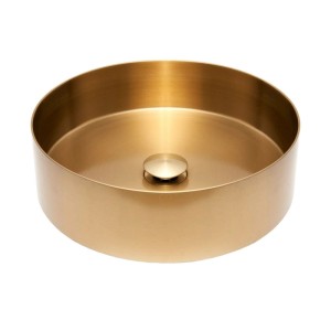 Rundes Swiss Aqua Technologies Aufsatzwaschbecken aus gold gebürstetem Edelstahl, 38 cm. Modernes Bad-Waschbecken.