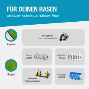 Aufsätze für Gloria MultiBrush: Kantenschneider, Rasenlüfter, Vertikutierwalze, Rasen- und Kantenschneider, Kunstrasenbürste.