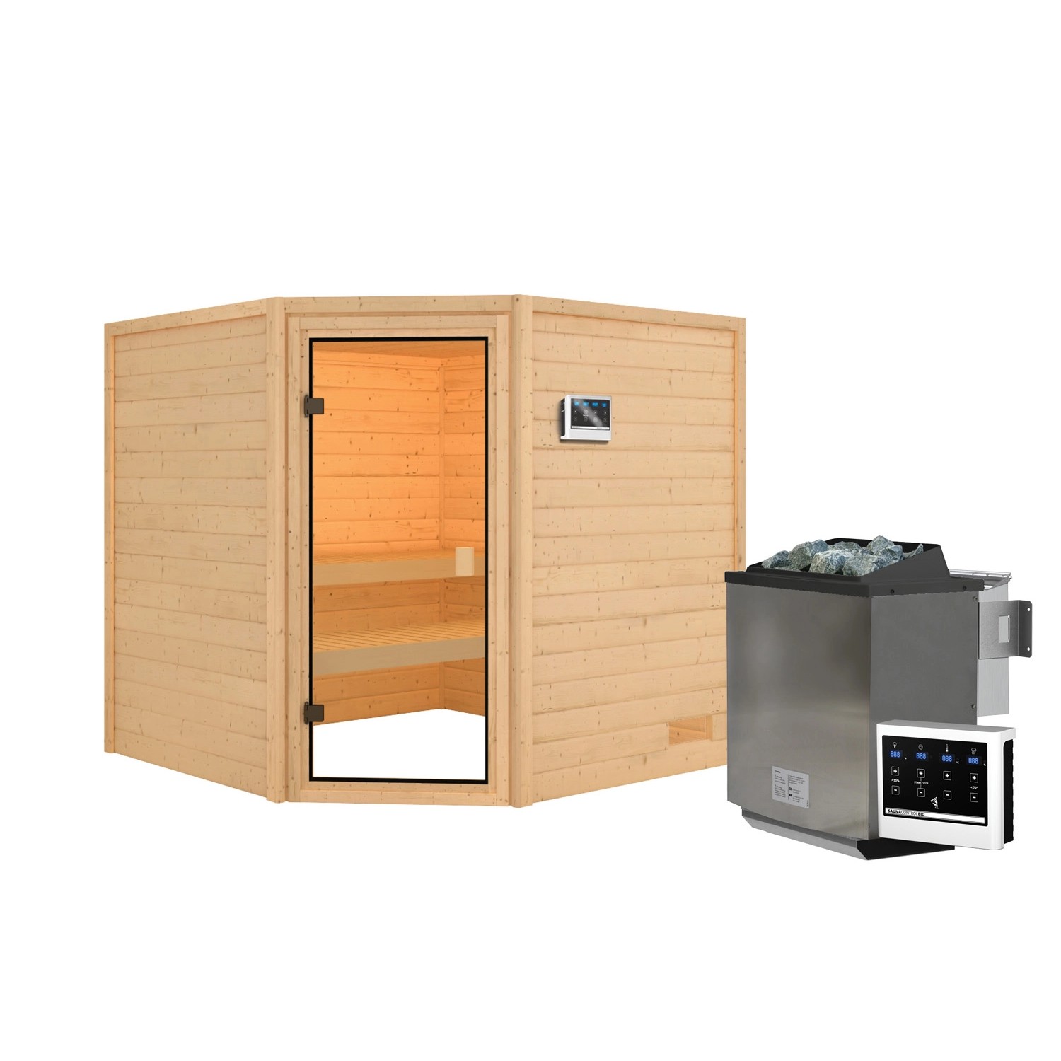 Karibu Sauna Tilda Set Naturbelassen mit Ofen 9 kW Bio ext. Steuerung