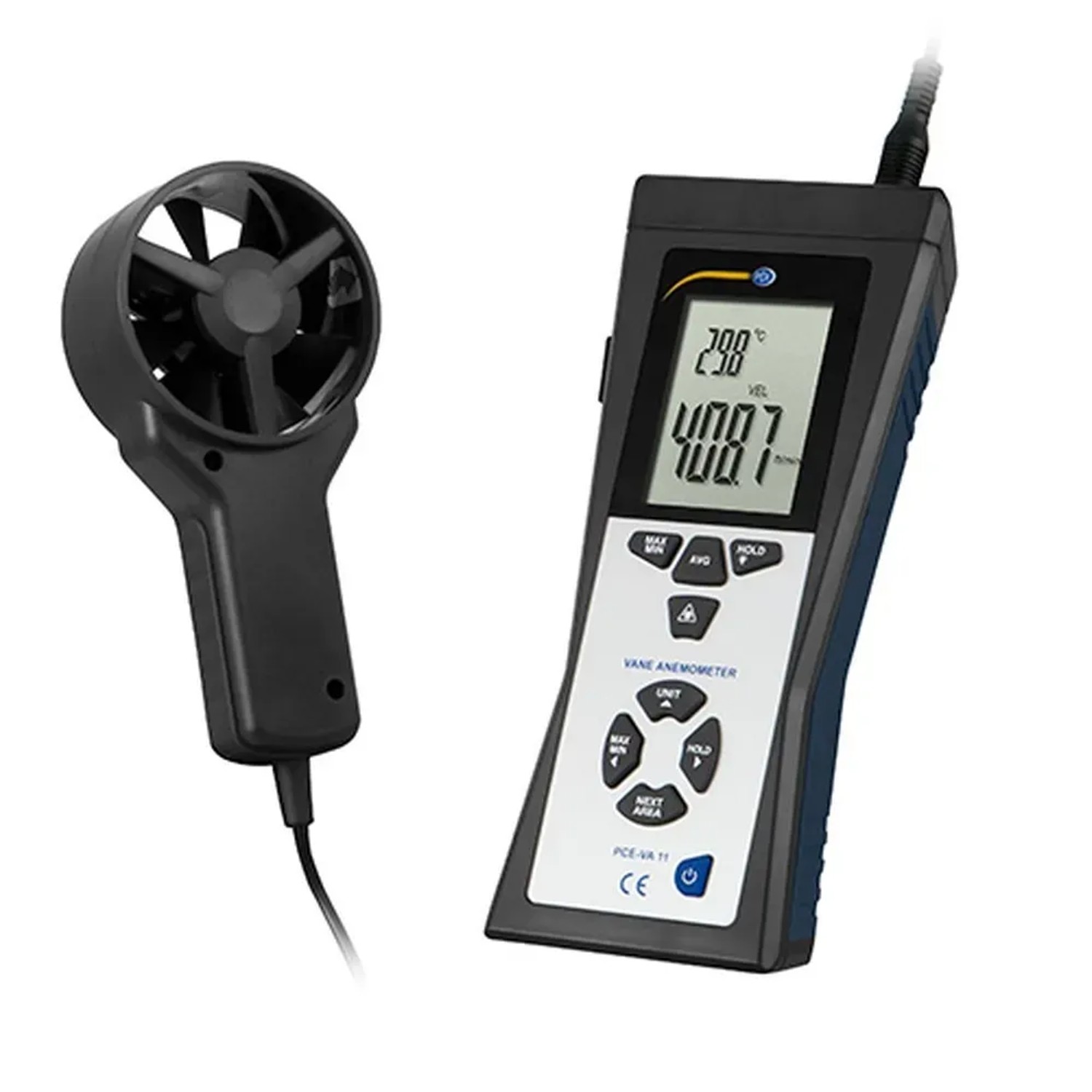 PCE Instruments Anemometer VA 11: Flügelrad-Anemometer zur Messung von Luftgeschwindigkeit und Temperatur.