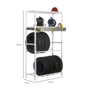 Weißes PROREGAL Reifenregal Metal Shark mit Schubfach, Ablage und 12 Reifen. Ideal für Garage und Werkstatt.