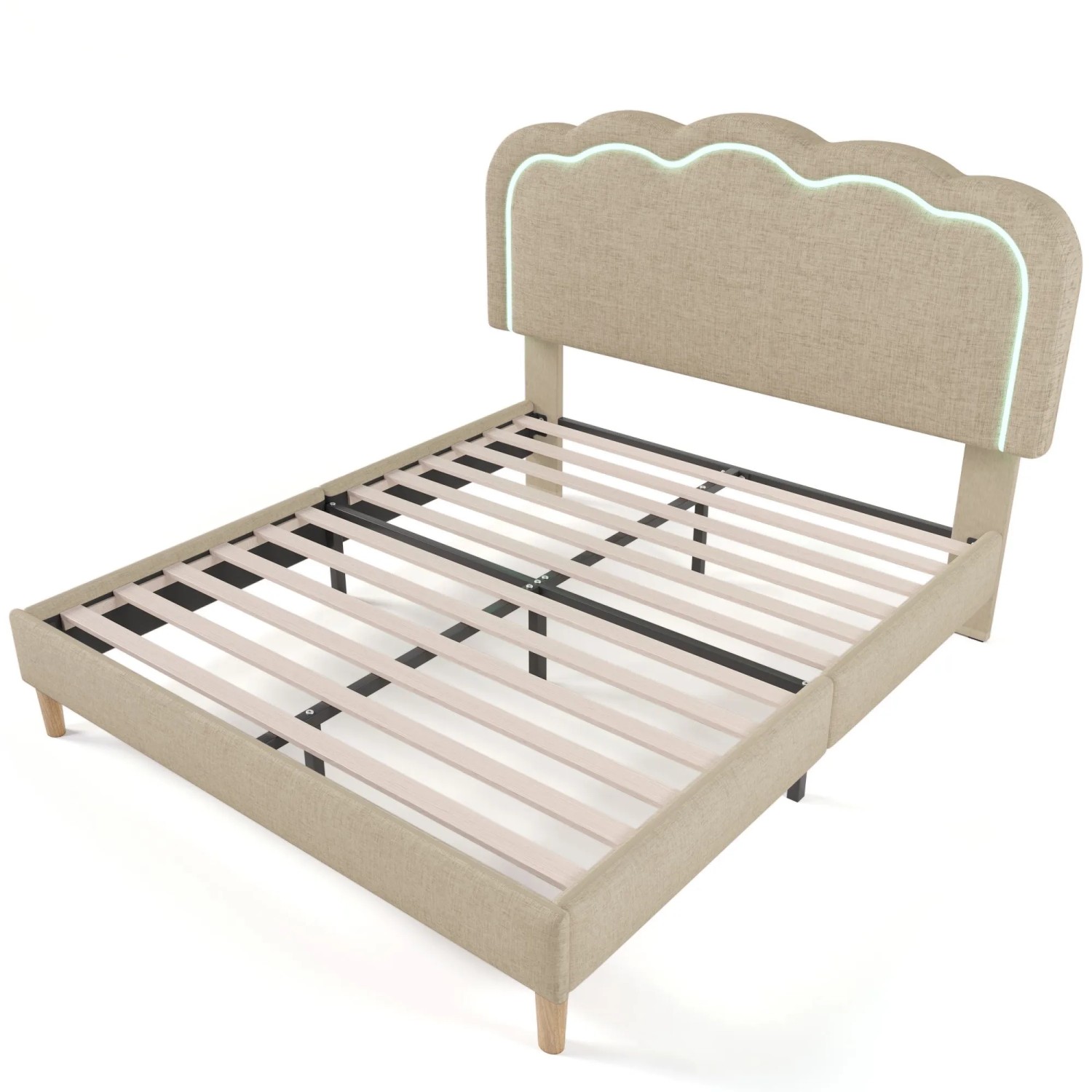 Merax LED Polsterbett 140x200cm Kopfteil Beige Leinen