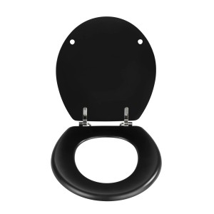 Wenko WC-Sitz Prima, MDF Schwarz, geöffnet. Toilettendeckel mit Edelstahlbefestigung.