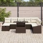 Braunes 9-teiliges vidaXL Garten-Sofa-Set aus Poly Rattan mit höhenverstellbarem Tisch.