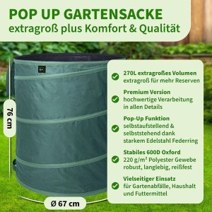 TTL GARDEN Pop Up Laubsack Premium 270L Selbstaufstellend mit Griffen – Gartensack für Laub & Gartenabfälle, Faltbar, Stabil & Platzsparend