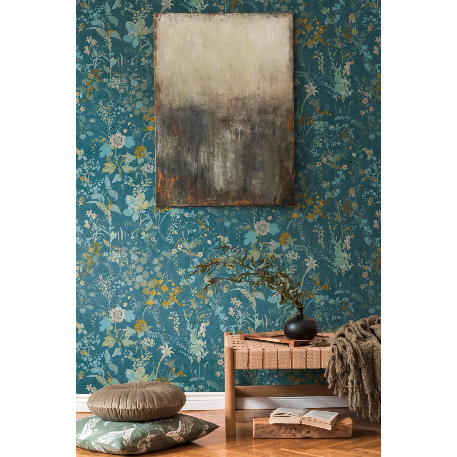 PROFHOME Vliestapete mit Blumenmuster in Blau, Petrol, Gelb und Grün. Dekorative Wandgestaltung.