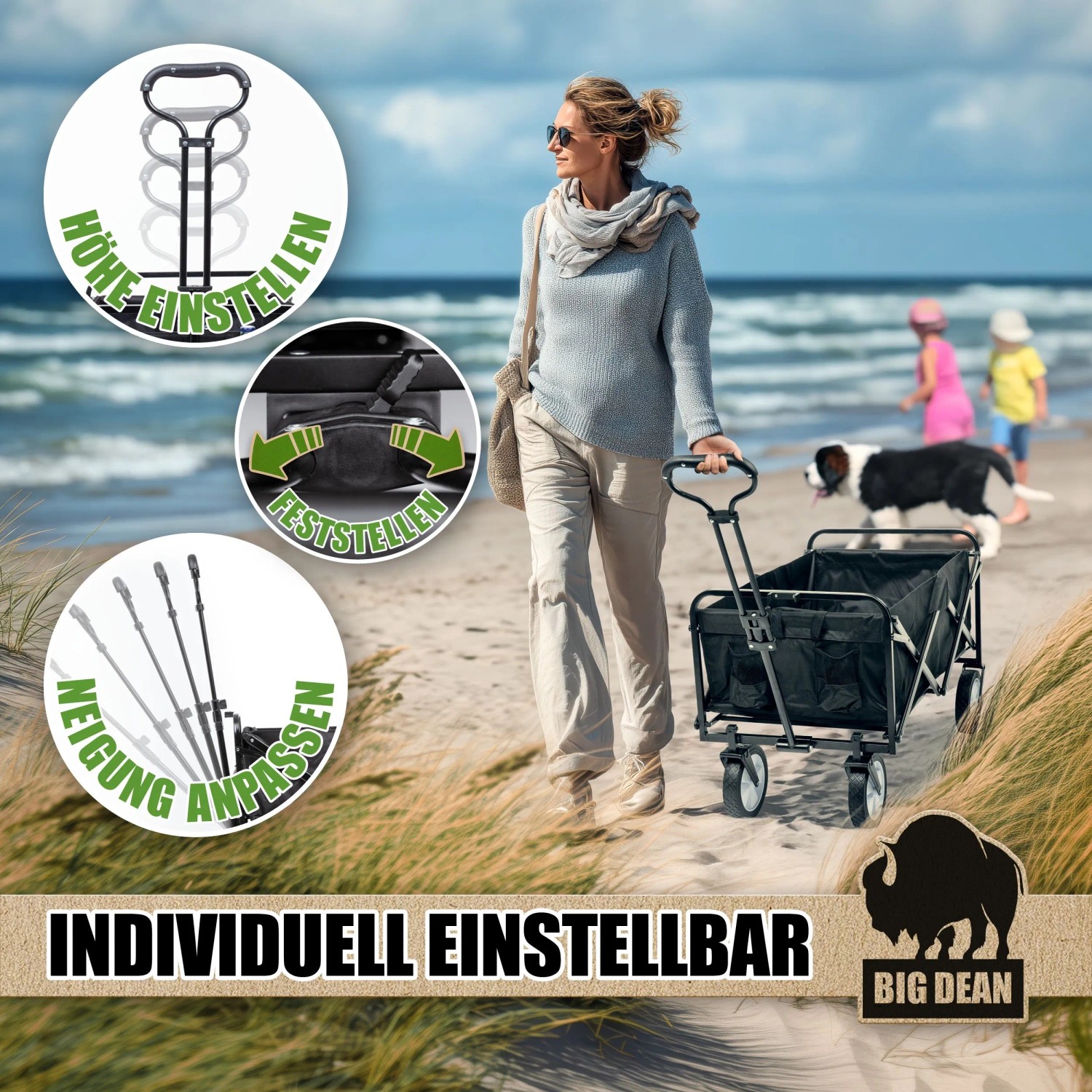 BigDean Bollerwagen, faltbar, mit verstellbarem Griff, 100kg Tragkraft, für Camping und Ausflüge.