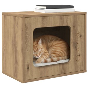 vidaXL Katzenhaus Kunsthandwerk Eiche. Schlafende Katze in modernem Holzwerkstoff-Rückzugsort im TV-Design.