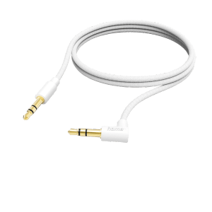 Weißes Hama Aux-Kabel mit 90° Winkelstecker, 3,5 mm Klinke, 1 m Länge für Hausautomation.