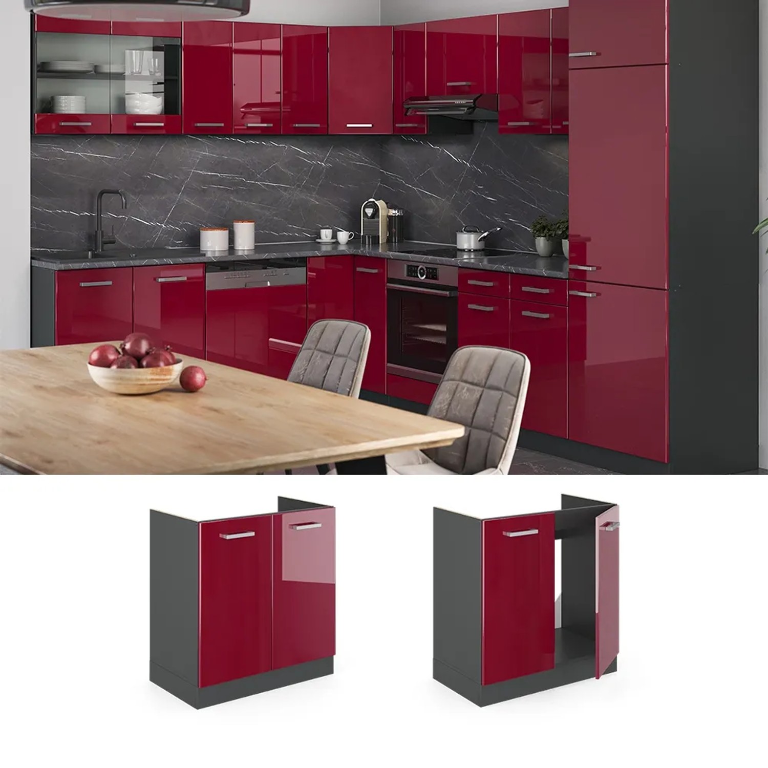 Vicco Spülenunterschrank R-Line, Bordeaux Hochglanz/Anthrazit, 80 cm, Küchenschrank
